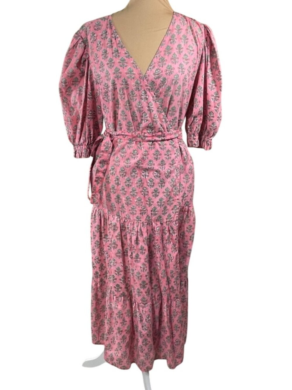 Indian Pink Block Print Dress Pink Green Size XL Wrap V-Neck Cotton
